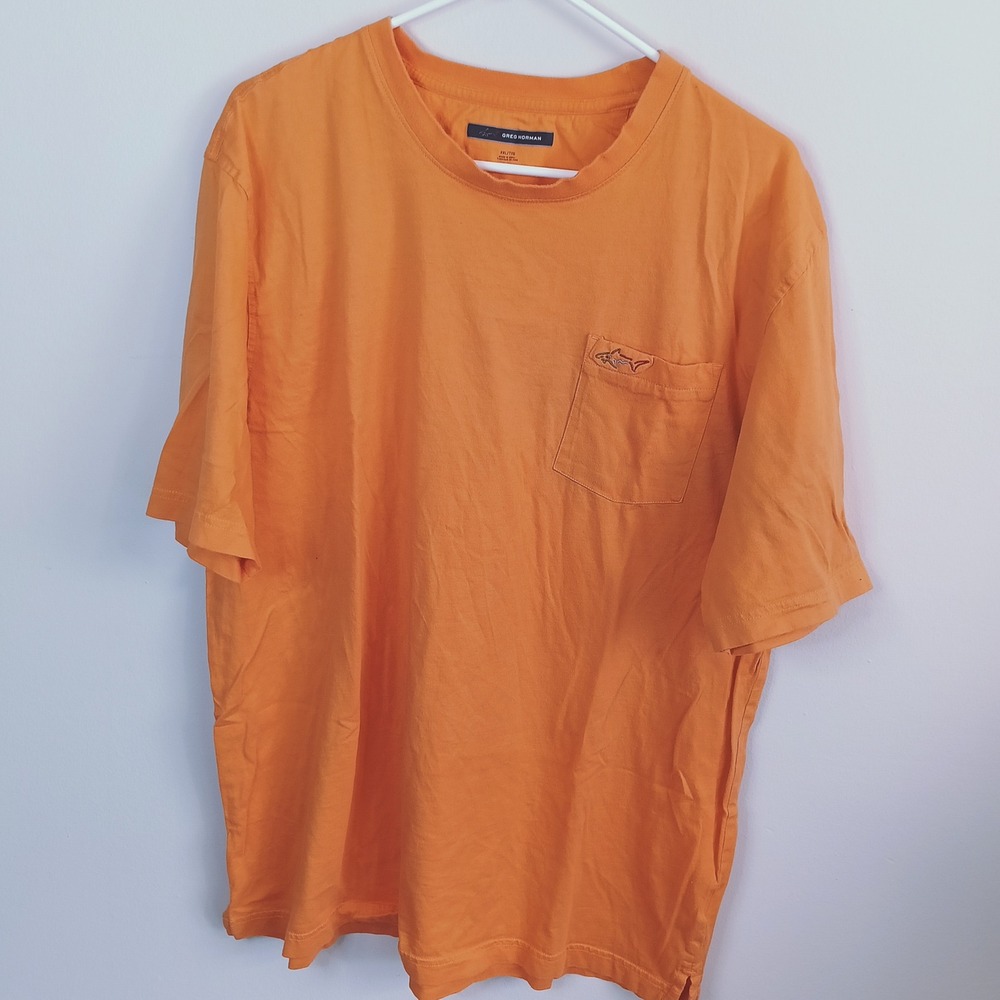Greg Norman Pocket T-Shirt Mens XXL Orange Excellent Shark Logo Cotton Tee